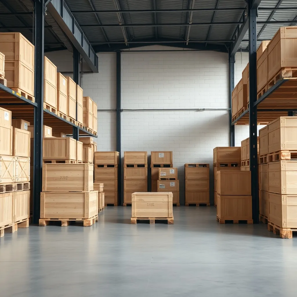 A minimalist warehouse with neatly organized wooden crates a