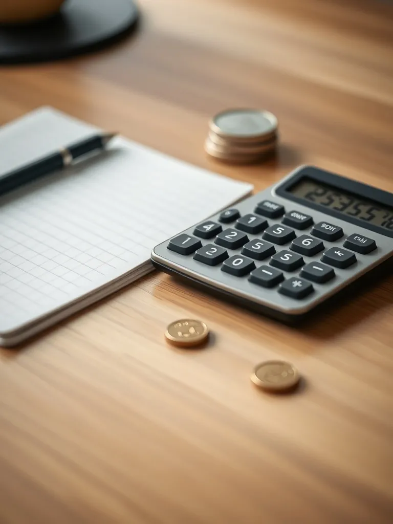 A close-up of a minimalist wooden desk with a calculator, a