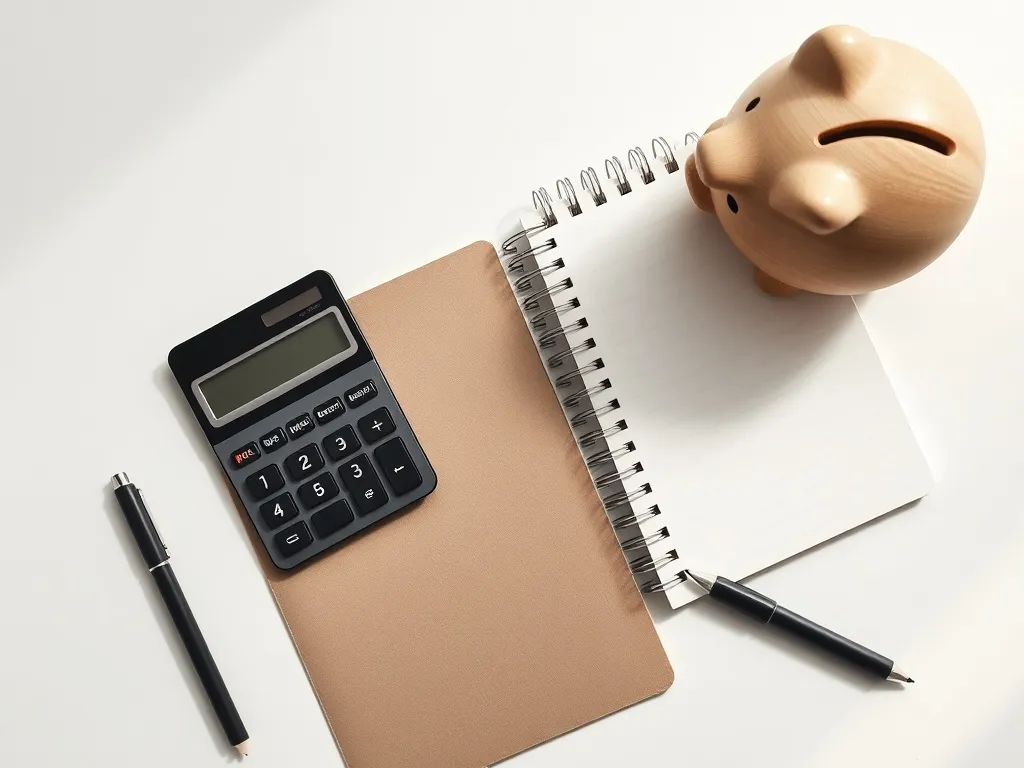 Minimalist desk with a calculator, notebook and a wooden pig